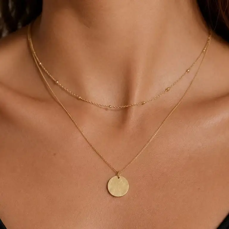 KunJoe Simple Stainless Steel Round Pendant Necklace 18K Gold Plated Layered Clavicle Chain for Women Fashion Waterproof Jewelry