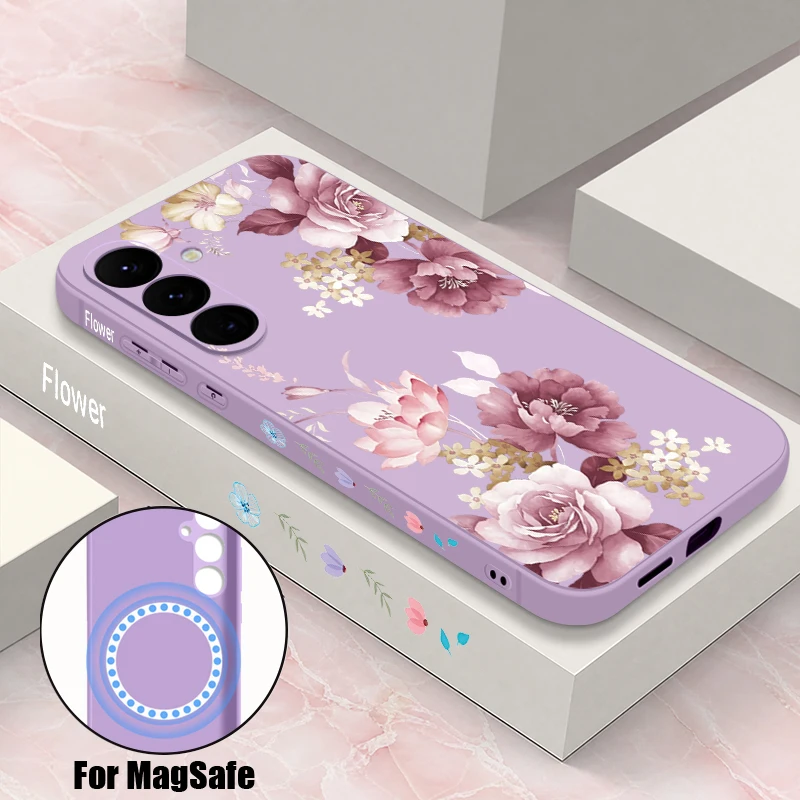 Magnetic Colorful Flower Pattern Phone Case For Samsung Galaxy S25 FE S26 S24 S23 S22 Ultra Plus For Magsafe Lanyard Soft Cover