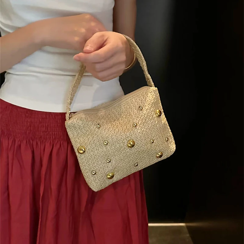 Hobo Crescent Satin Rivet Bead Abendclutch, vielseitige Damenhandtasche, elegante, glänzende Textur, Party, Hochzeit, Abschlussball, schicke Handtasche – Detail 9