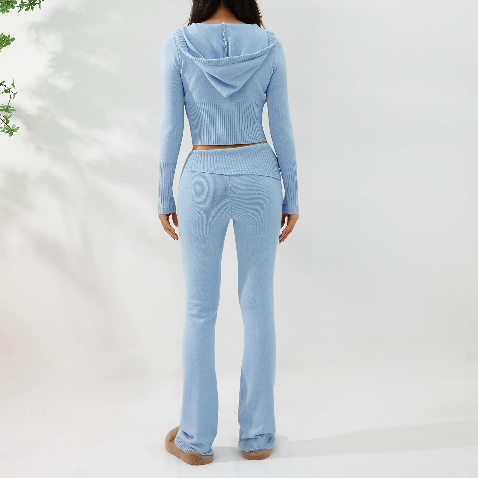 Y2k donna 2 pezzi Set lavorato a maglia completi tinta unita manica lunga Zipper-Up Slim Fit con cappuccio Crop top e pantaloni lunghi a vita alta