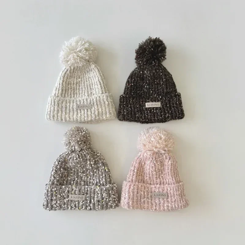 Chic Warm Kids Beanie for Boy Girl Fashion Retro Knitted Hat Furry Ball Autumn Winter Warm Fleece Plush Children Crochet Bonnet