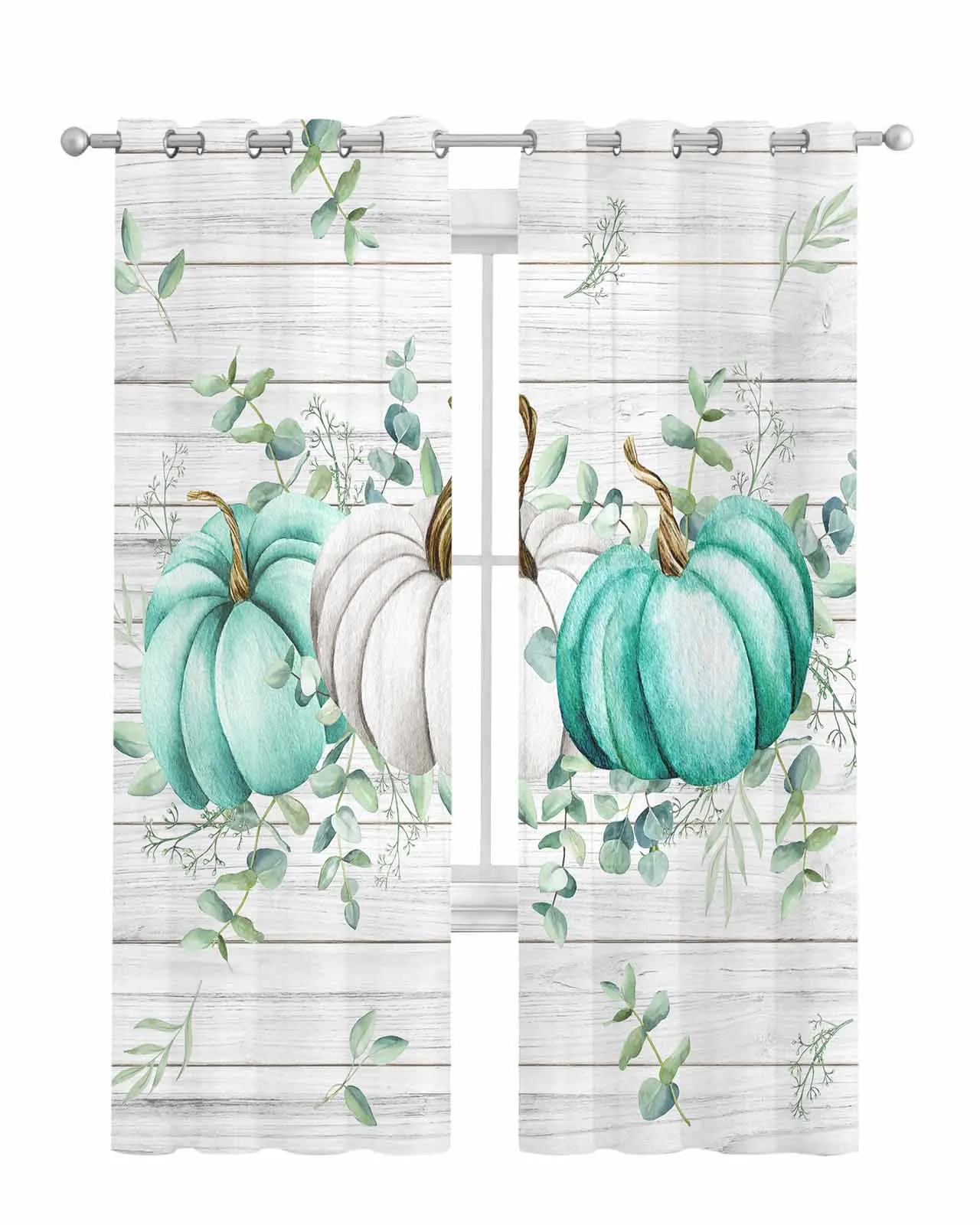 Thanksgiving Pumpkin Eucalyptus Leaves Grey Grid Curtain Tulle Curtains For Living Room Kitchen Window Treatments Voile Curtains