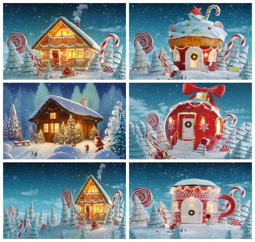 

Laeacco Christmas Candy Cup House Snow Pine Tree Background Winter Holiday Baby Shower Birthday Portrait Photography Backdrop