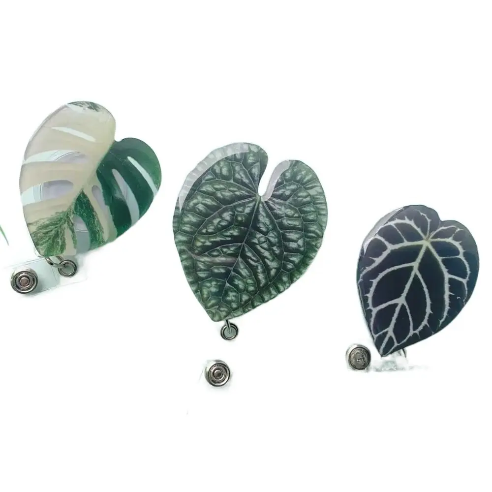 ID Card Clip Leaf ID Badge Reel Inspirational Chest Card Retractable Badge Holder Work Card Rare Plant Easy Pull Buckle