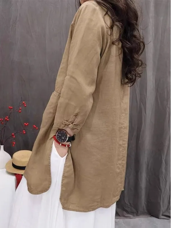 سترة نسائية كاجوال مفتوحة من القطن والكتان مقاس كبير irt لون نقي وياقة واقفة تسعة أزرار تفاصيل فضفاضة تناسب الخريف...