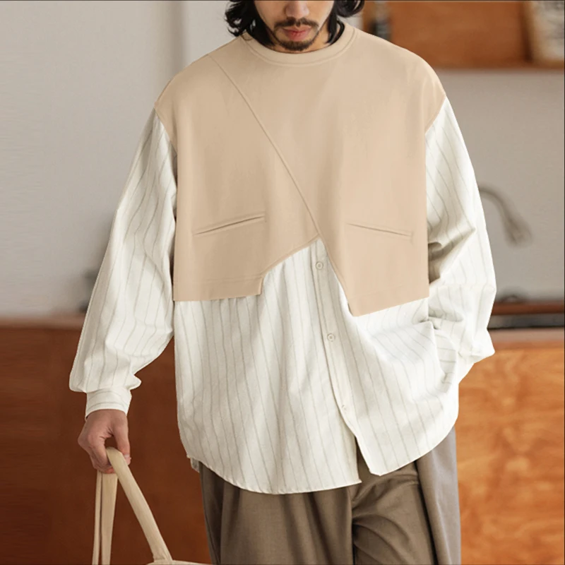 INCERUN Kemeja Pria Bergaris Patchwork Kerah O Lengan Panjang Oversize Pakaian Pria Streetwear 2025 Fashion Kasual Atasan Pria