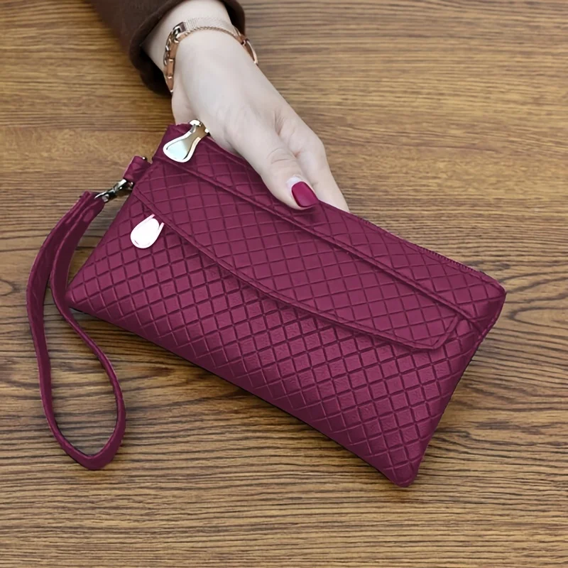 Ladies' Fashionable Hand-Held Simple Phone Bag with Soft Surface and Elegant Plaid Card Bag, Zero Wallet