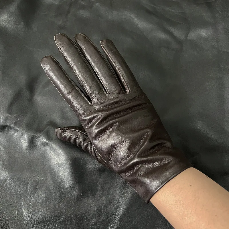 Ladies Sheepskin Gloves Classic Solid Color Real Leather Spring Velvet Lining Cycling Driving Gloves Autumn Winter