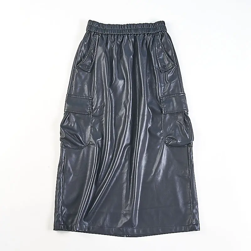 Herbst/Winter Neuer All-Match-Retro-PU-Lederrock, halblanger Rock mit mehreren Taschen zum Abnehmen, mittellanger Rock