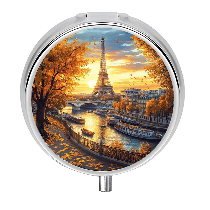 A single-sided print of the Eiffel Tower scenery. Portable dispensing box, can store morning, noon, and evening pills separately, suitable for travel or as a wallet organizer, storage box