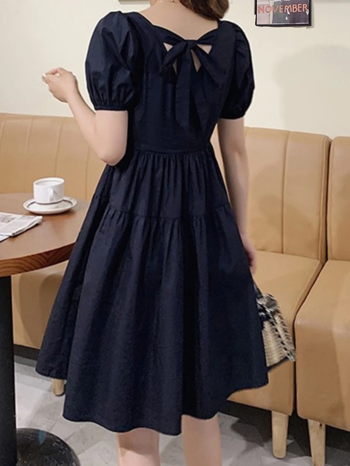 Vintage Large Size Maternity Dress Square Collar Bubble Sleeve Slimming Tummy Covering Black Summer Dress Commute Style
