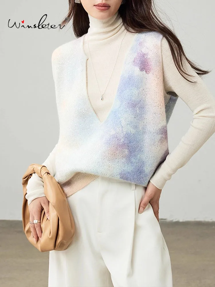 

Winsleter-34.5%Sheep Wool Elegant Vest Sweater, V Neck Ink Printing Dyeing, Women Fashion Casual Knit Vest, 2025 Winter T5N943CC