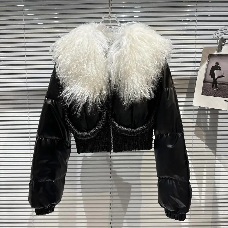 Hot Girl Style Lamb Fur Collar Glossy Long Sleeve Cotton Coat Female 2023 Winter New Short Warm Cotton-Padded Coat for Women