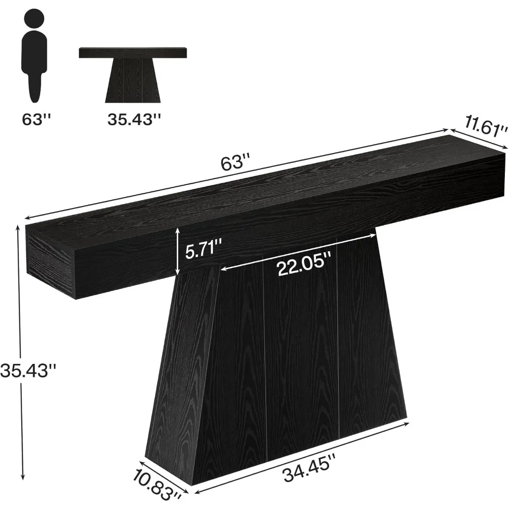 Tribesigns 63 طاولة كونسول سوداء، طاولة مدخل المزرعة مع قاعدة شبه منحرفة، طاولة أريكة خشبية ضيقة وطويلة خلف طاولة الأريكة