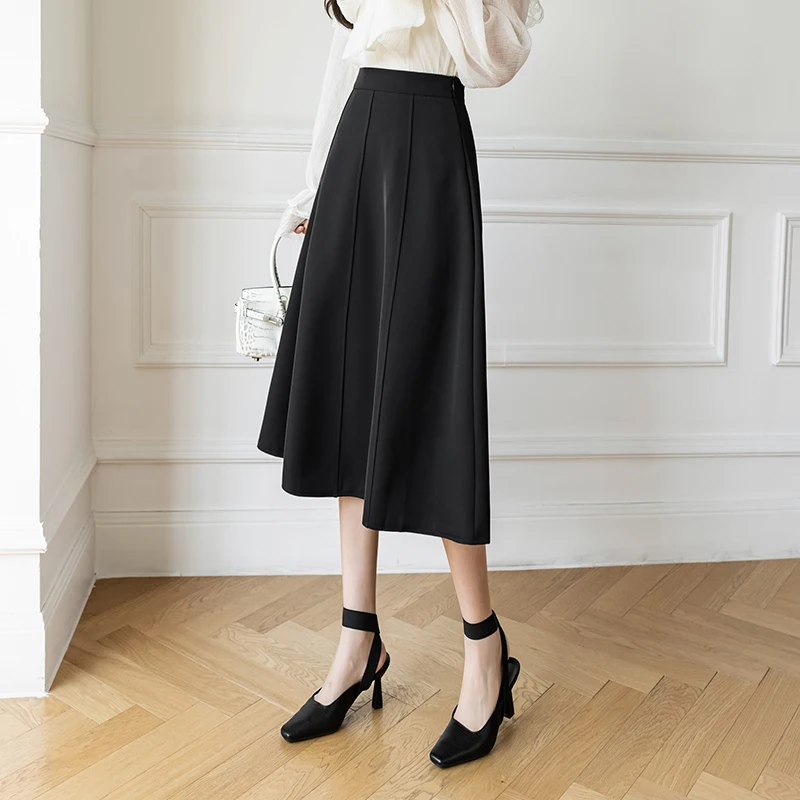 Seoulish 하이 웨이스트 대형 스윙 A라인 스커트, 우아한 단색 오피스 레이디 캐주얼 패치워크 여성 스커트, 2024 가을 신상