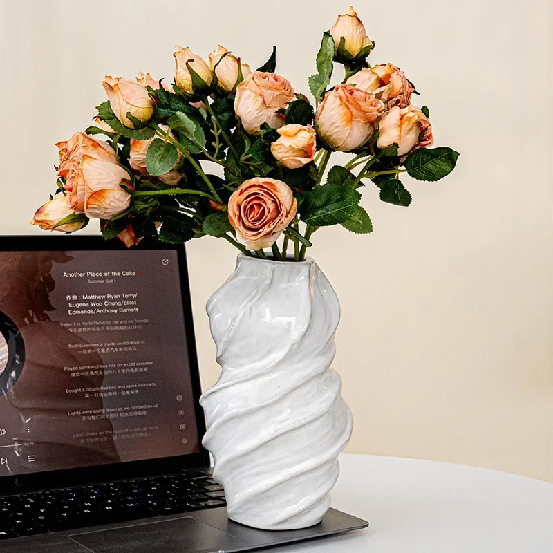 CAPIRON 20.5cm Ceramic Spiral Vase Modern Twisted White Pottery Flower Vase Nordic Home Decoration Water Holding Fresh Flowers