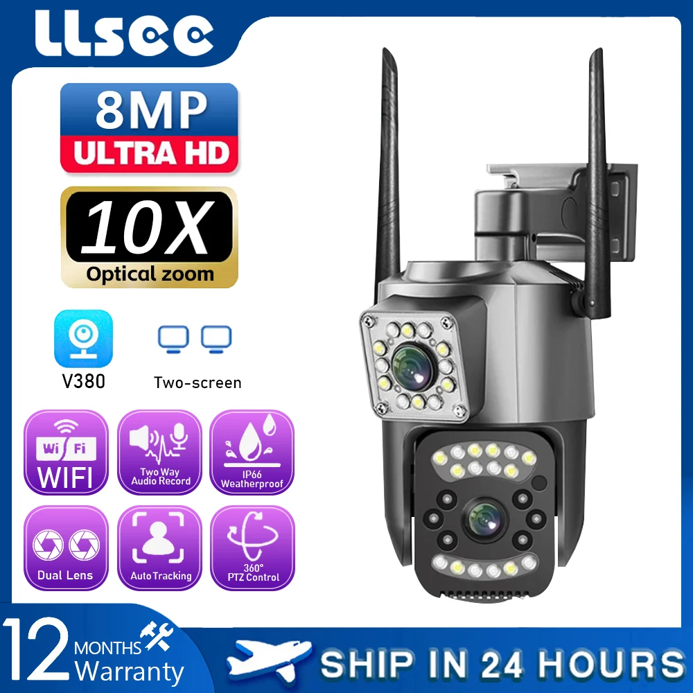 

LLSEE, V380 Pro, 4K 8MP, беспроводная уличная IP-камера видеонаблюдения, Wi-Fi камера, двойной объектив, сигнализация слежения за движением на 360 градусов
