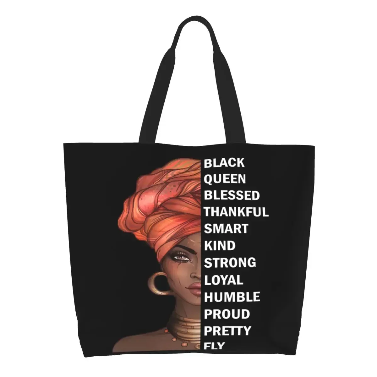 Cute African Women American Black Queen Shopping Tote Bags Recycling Grocery Canvas Shoulder Shopper Bag