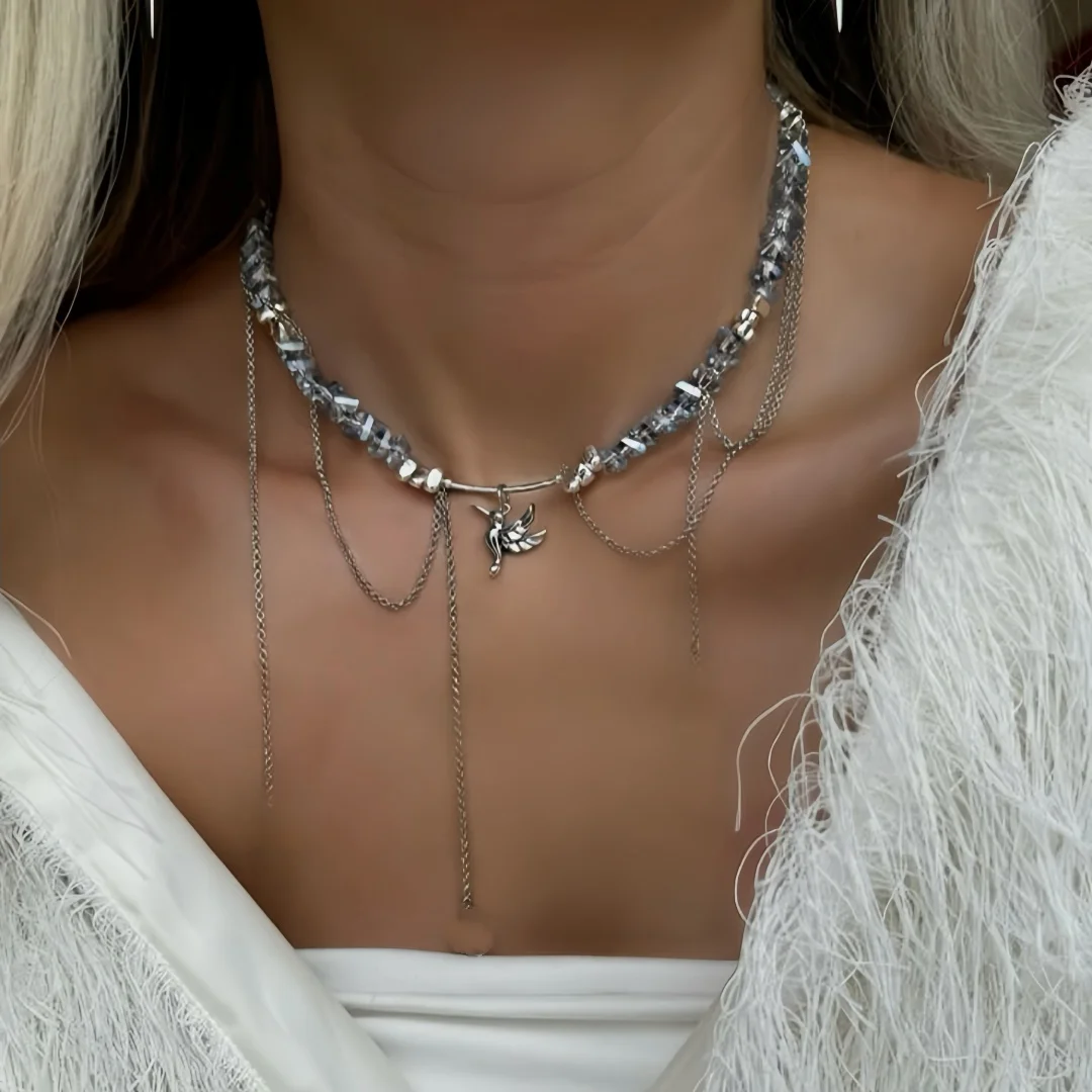 New Y2K Heart Beaded Necklace Women Boho Crystal Class Gravel Clavicle Chain Cool Y2K Choker Exquisite Fashion Jewelry