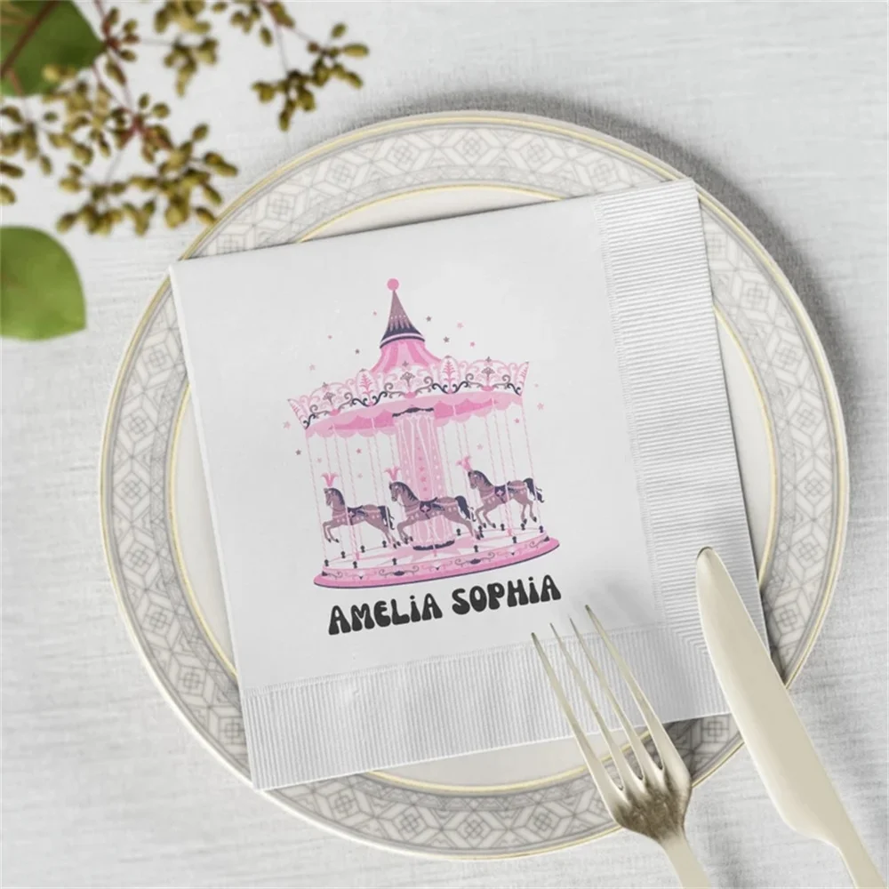 

50PCS Custom personalized Pink Carousel Napkins Baby Girl Shower Coquette preppy decor Bridal shower Tea Party Decor Pack of 50/