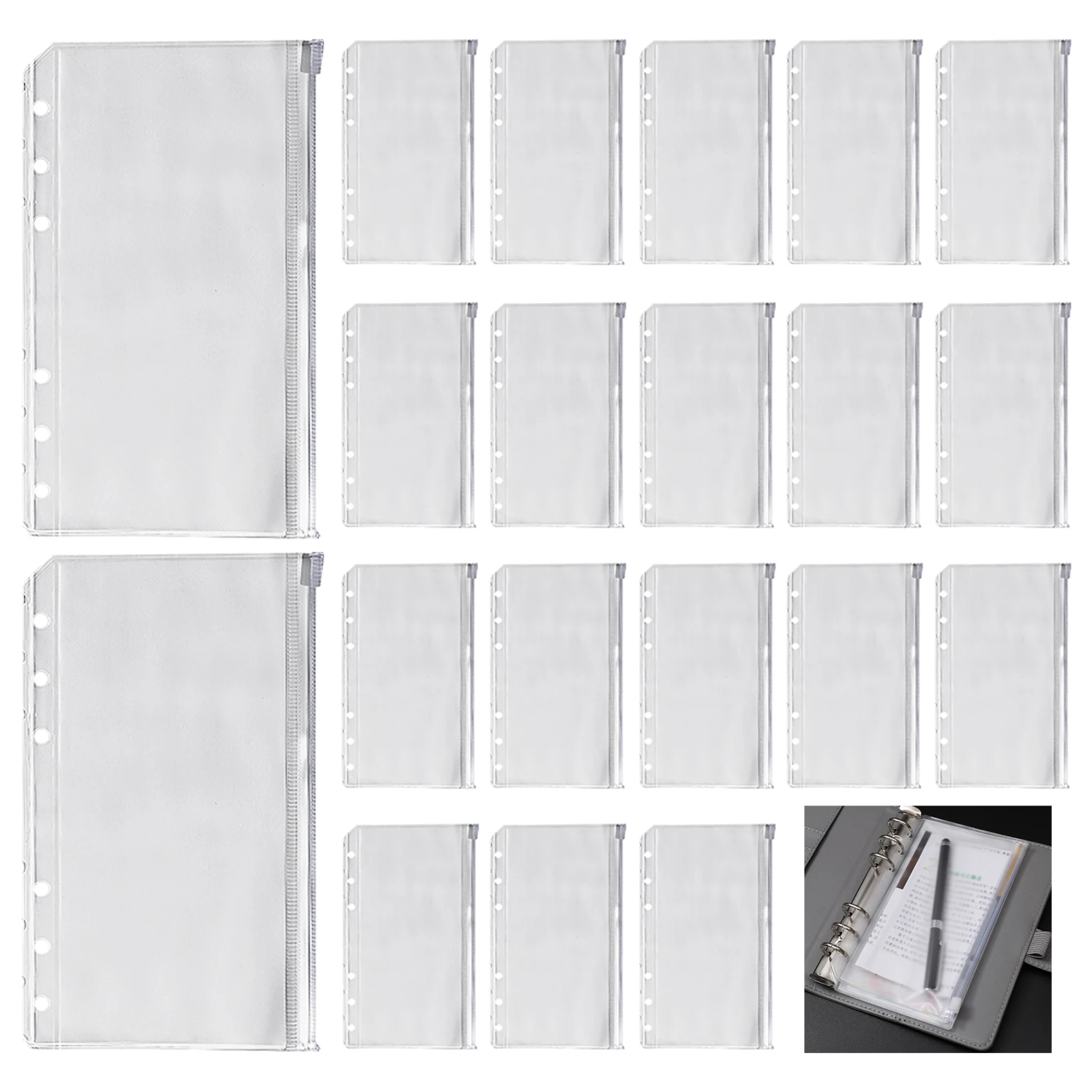 20pcs A6 Loose Leaf Bags Binder Pocket PVC Clear Home Office For Bill Money Waterproof Cash Envelopes With Zipper 6 Holes Cards