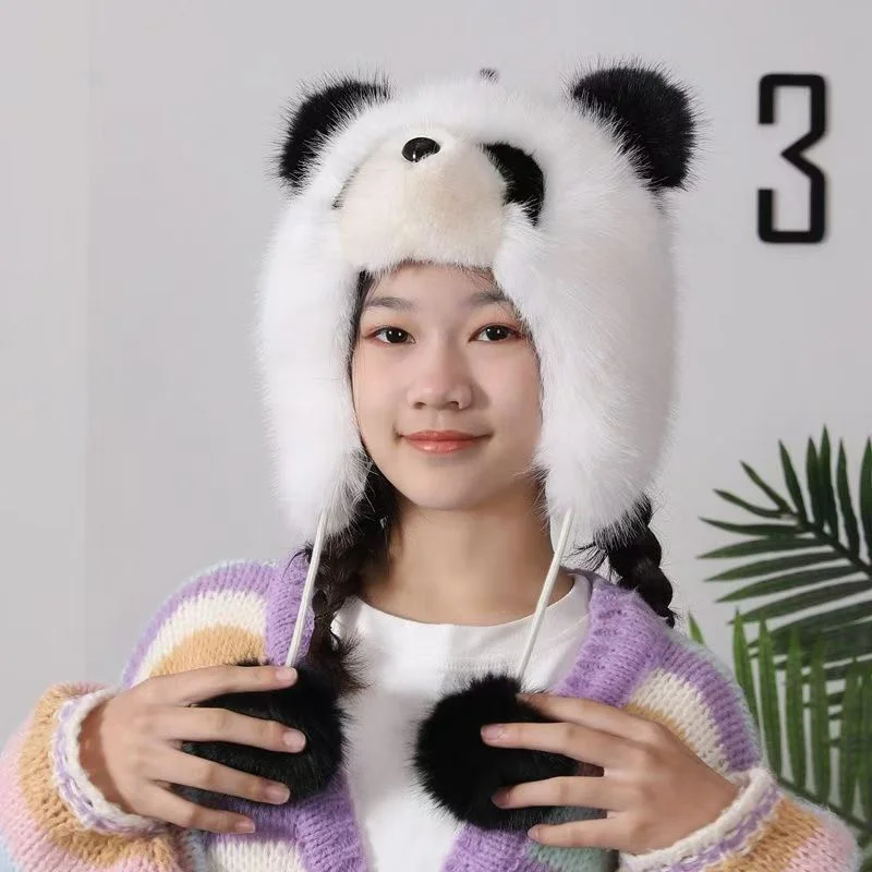 Autumn Winter Women Keep Warm Panda Plush Hat Outdoor Ear Protection Hats Thickened Warm Hat Girls Women's Earflap hat Caps Gift