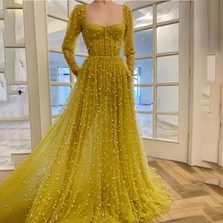 Luxury Pearls Evening Dresses Fashion Sweetheart Long Sleeves A-Line Gowns Elegant Chic Sweep Train Party Prom Dresses 2024