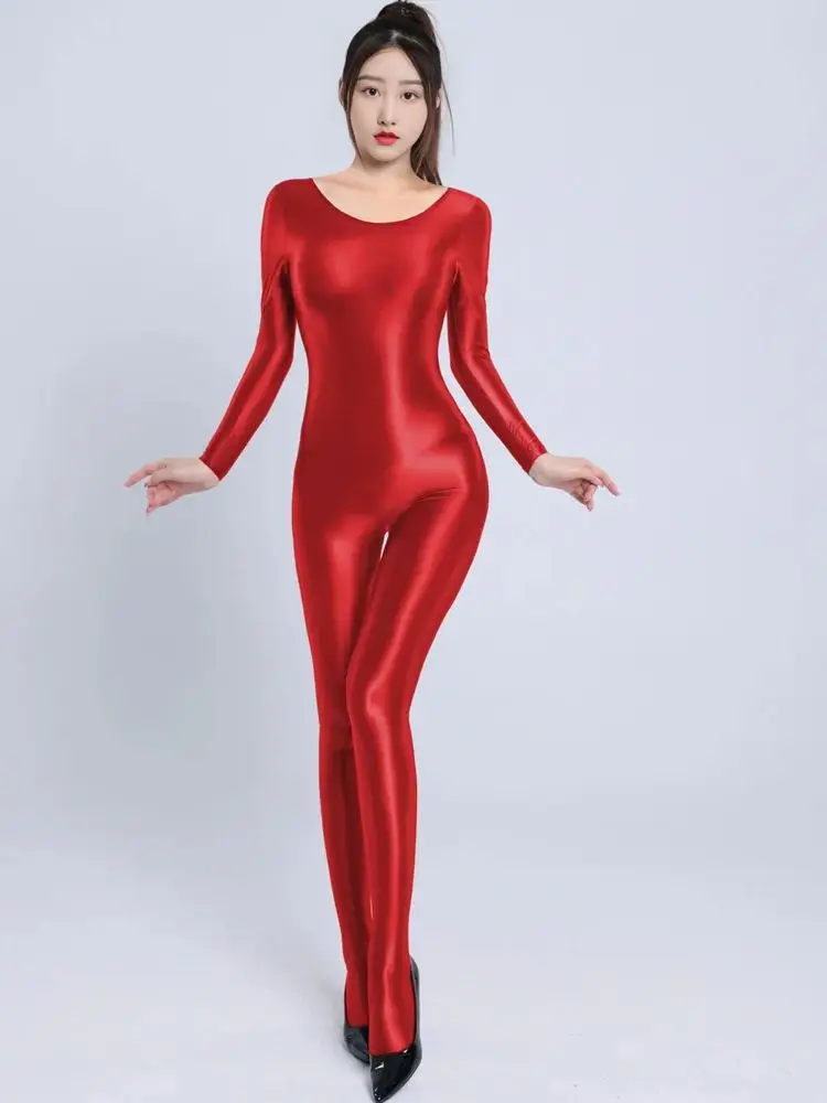 M XL Front Seamless Glossy Shiny Bodystocking Catsuit Long Sleeve Bodysuit Tigth Sexy Leotard Conjoined Jumpsuit Unitard Teddies