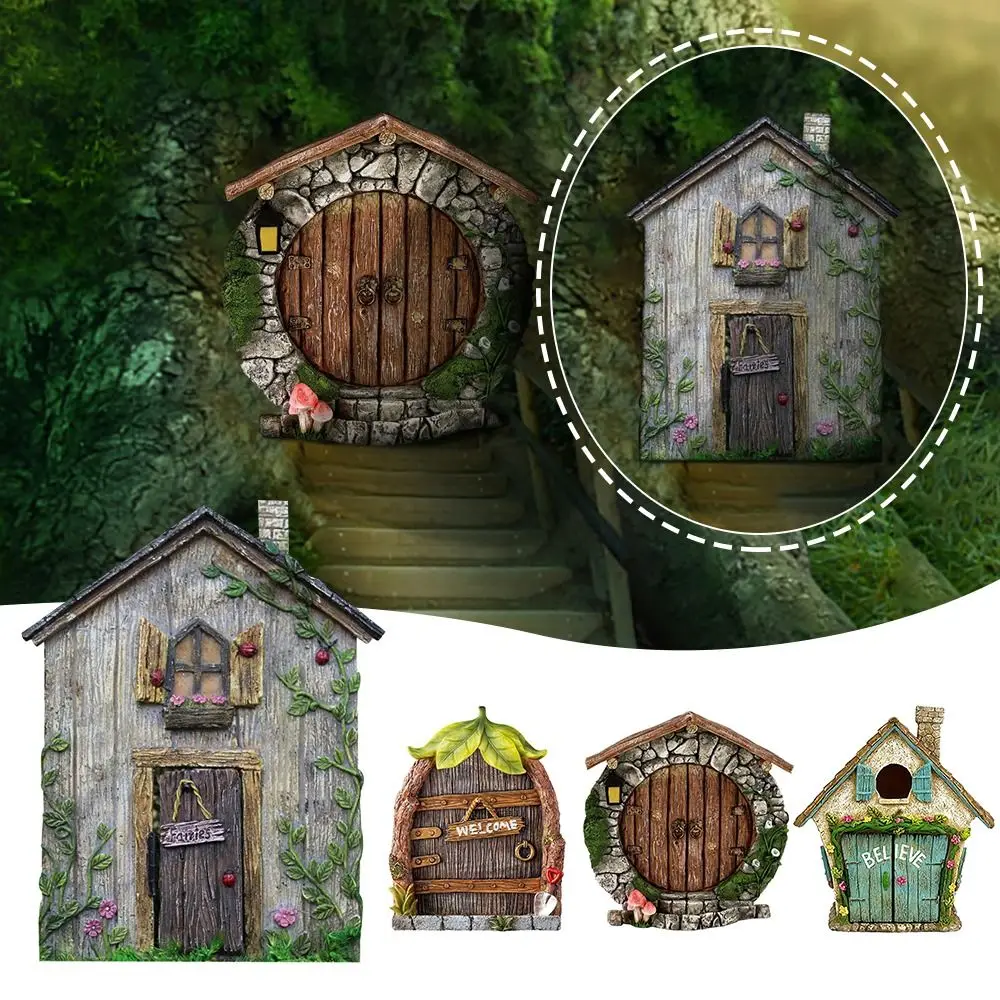 Lawn Ornament Decoration Yard Art Wooden Engraved Design Windows Door Figurines Fairy Door Miniature Fairy Gnome Garden Decor
