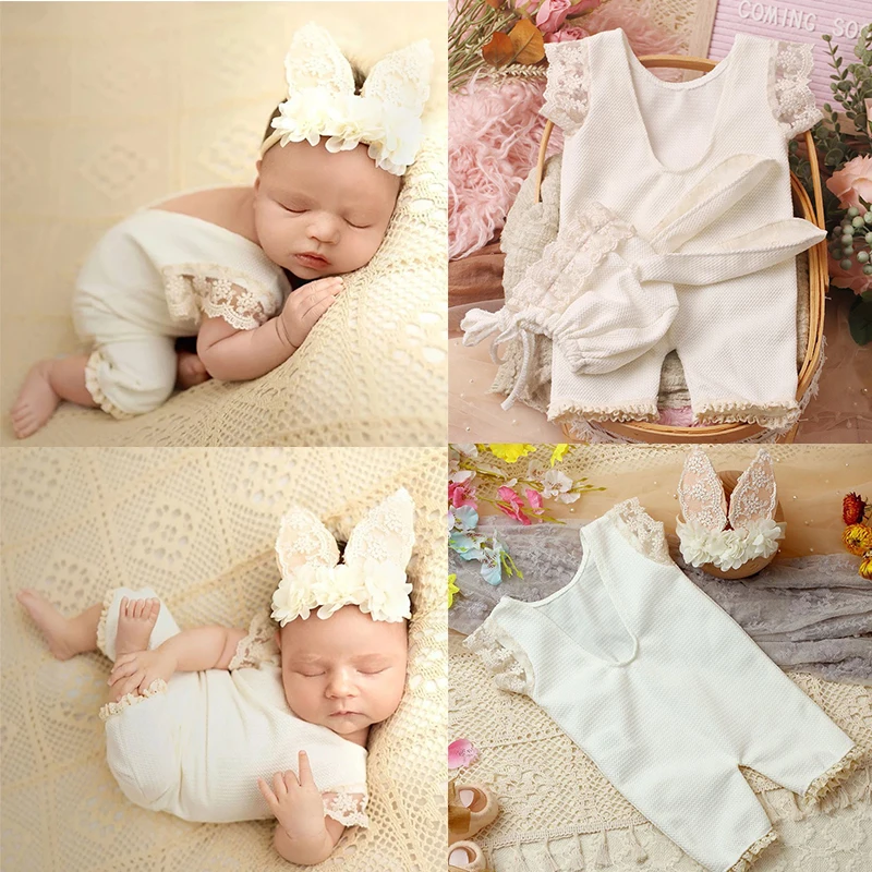 Newborn Photo Shooting Outfit Props Baby Cute Crochet Lace Knitting Rabbit Ear Hair Band+Romper Photography Fotografie Clothing