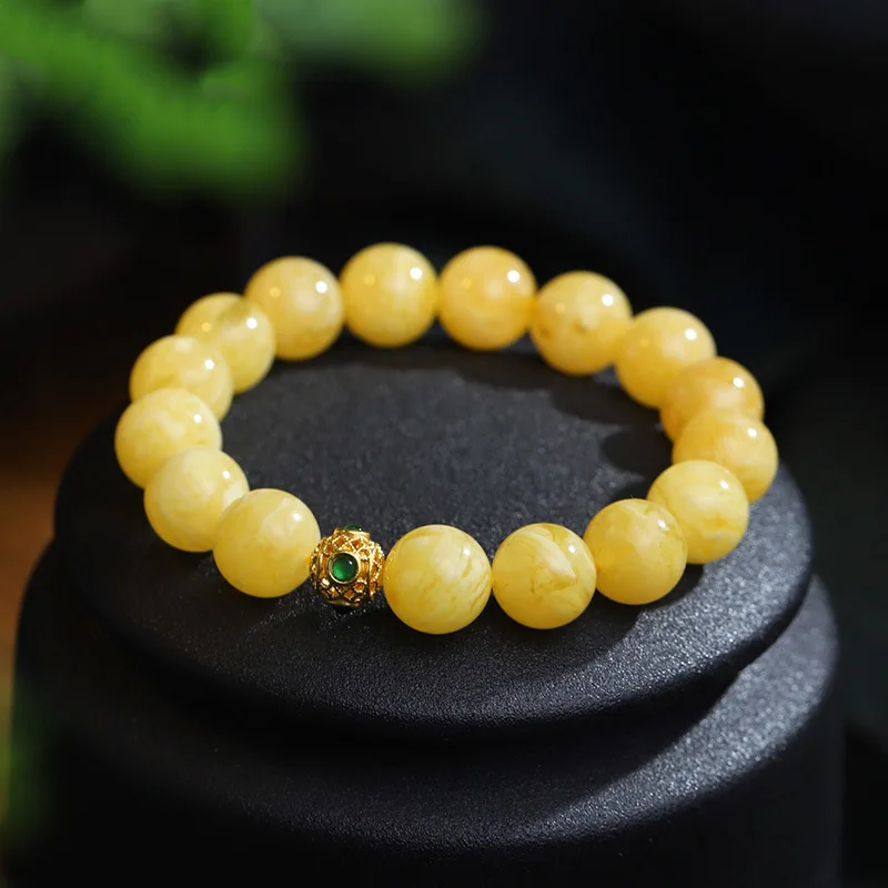

Natural Russian Material Demon Vein White Flower Men and Women Amber Chicken Fat Yellow Bracelet
