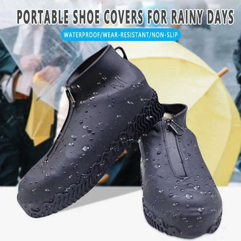 Outdoor Waterproof Zipper Silicone Shoe Cover Rainy Day Portable Easy on/Off Adult Children Shoes Non-Slip Protective Cover