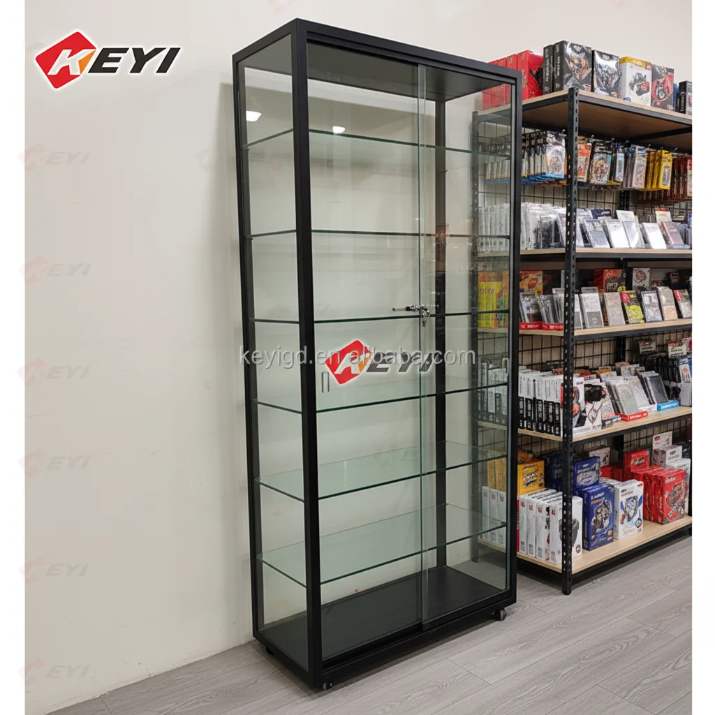 Custom Full Vision Tempered Glass Display Cabinet Metal Frame Glass Tower Display Showcase With Lock for Shopping Mall