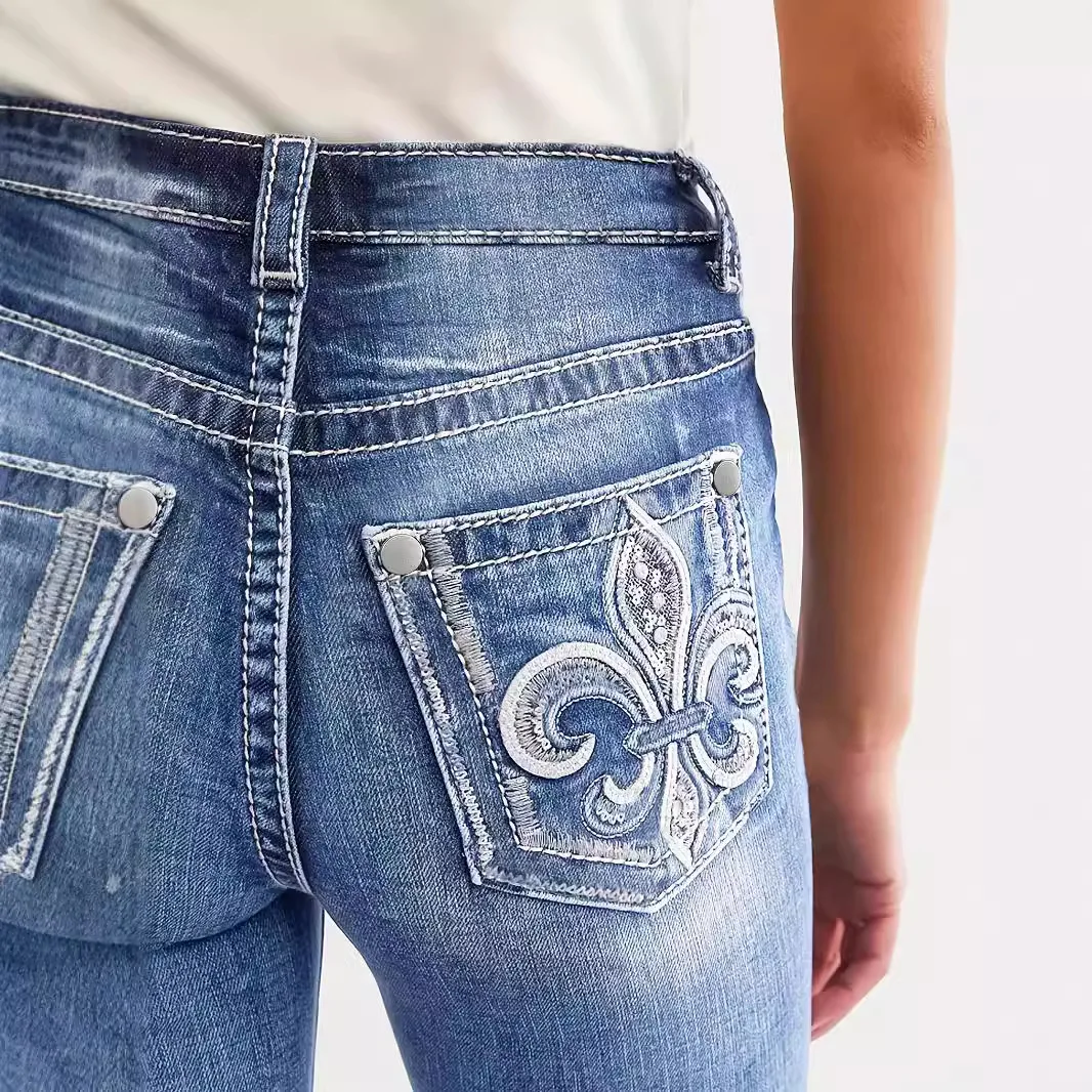 女性ストレートジーンズ全身ジーンズハイウエストヴィンテージルーズフィットポケット刺繍ユーズド加工洗浄ズボンジッパーフライ