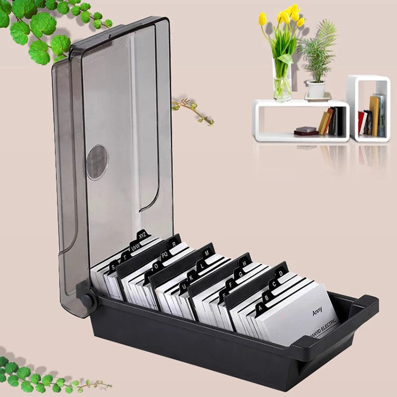 Business Card Holder, Plastic Name Card Organizer Storage Box with 4 Dividers and Index Tabs, Storage up to 500 Cards