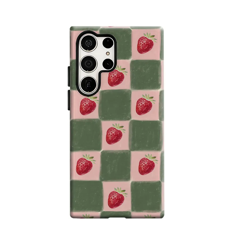 CaseLumi Phone Case For Samsung Galaxy S25 S24 Ultra Plus HD Hard Pink Green Checkered Strawberry Double Layer Cover Film Shell