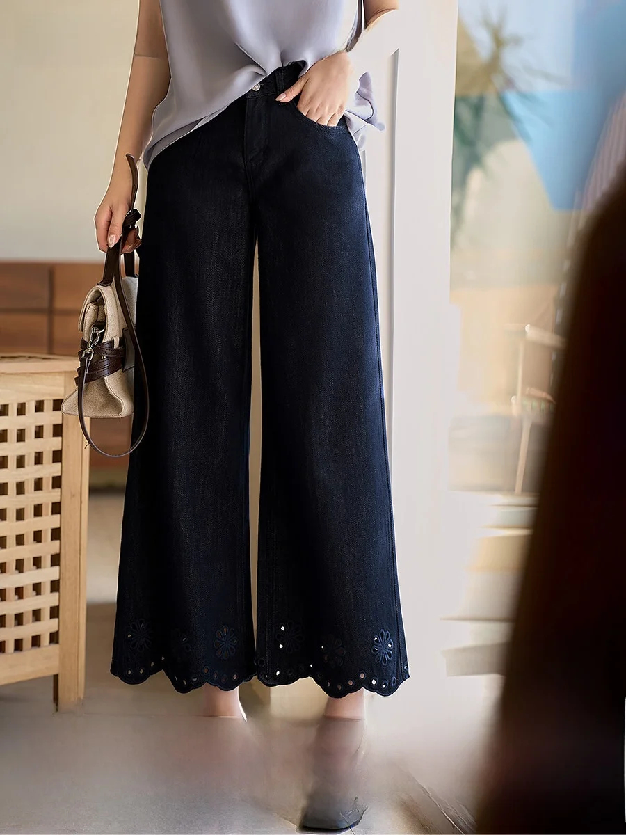 

Paris Sunny Summer Embroidered Hollow out Racerine Cotton Slim Straight Wide Leg Jeans Women's New Style High Waist Denim