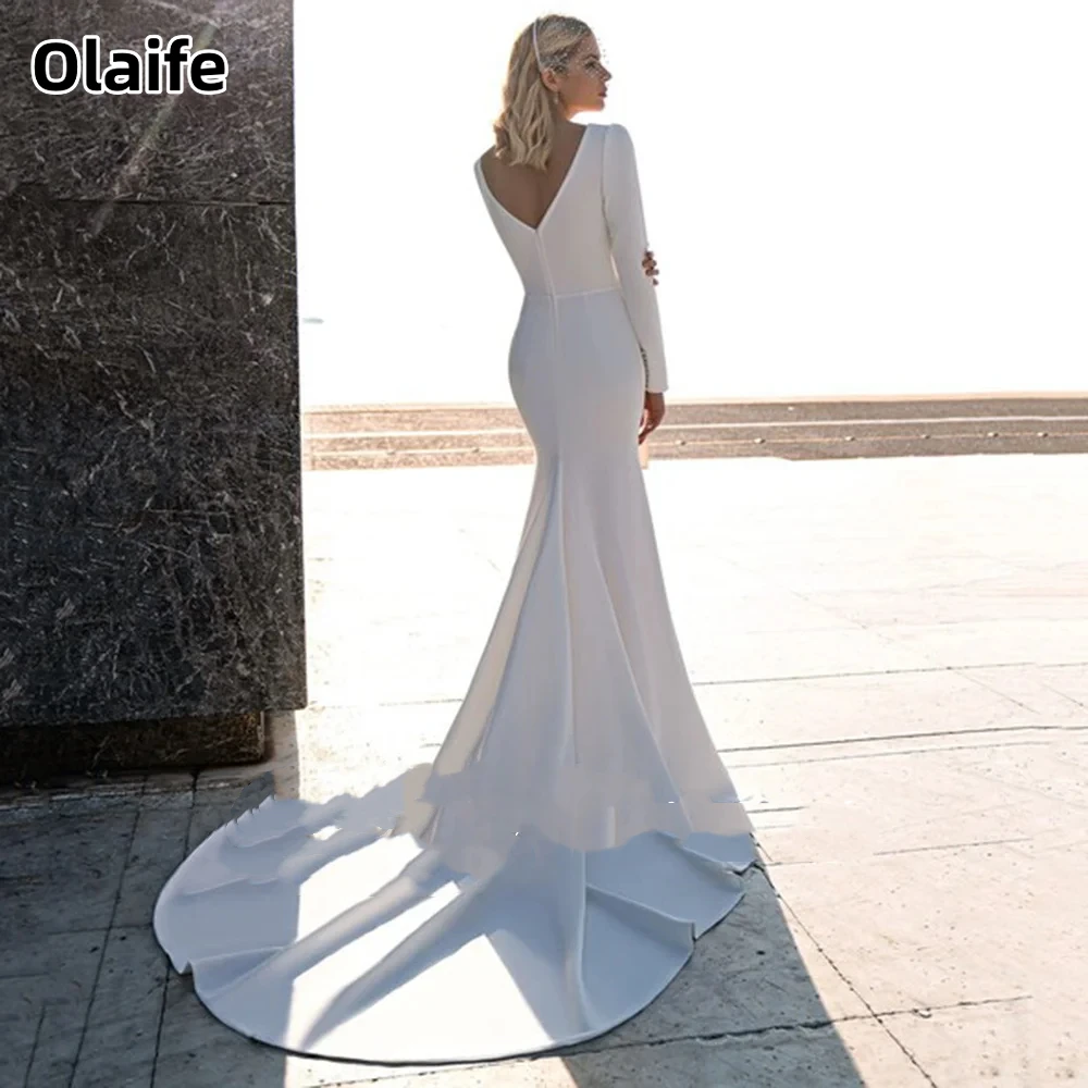 Olaife Simple V-Neck Mermaid Wedding Dress Sweep Train Long Sleeve Button Modern Mermaid Bride Gown Backless Robe de mariée