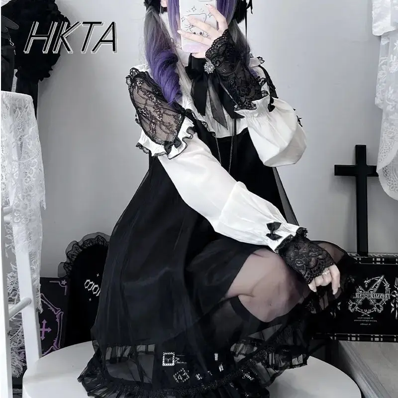

Japanese Mines Lolita Sweet Round Neck Long Sleeve A Line Black Dress Women Bow Lace Mesh Stitching Loose Short Dresses Girls