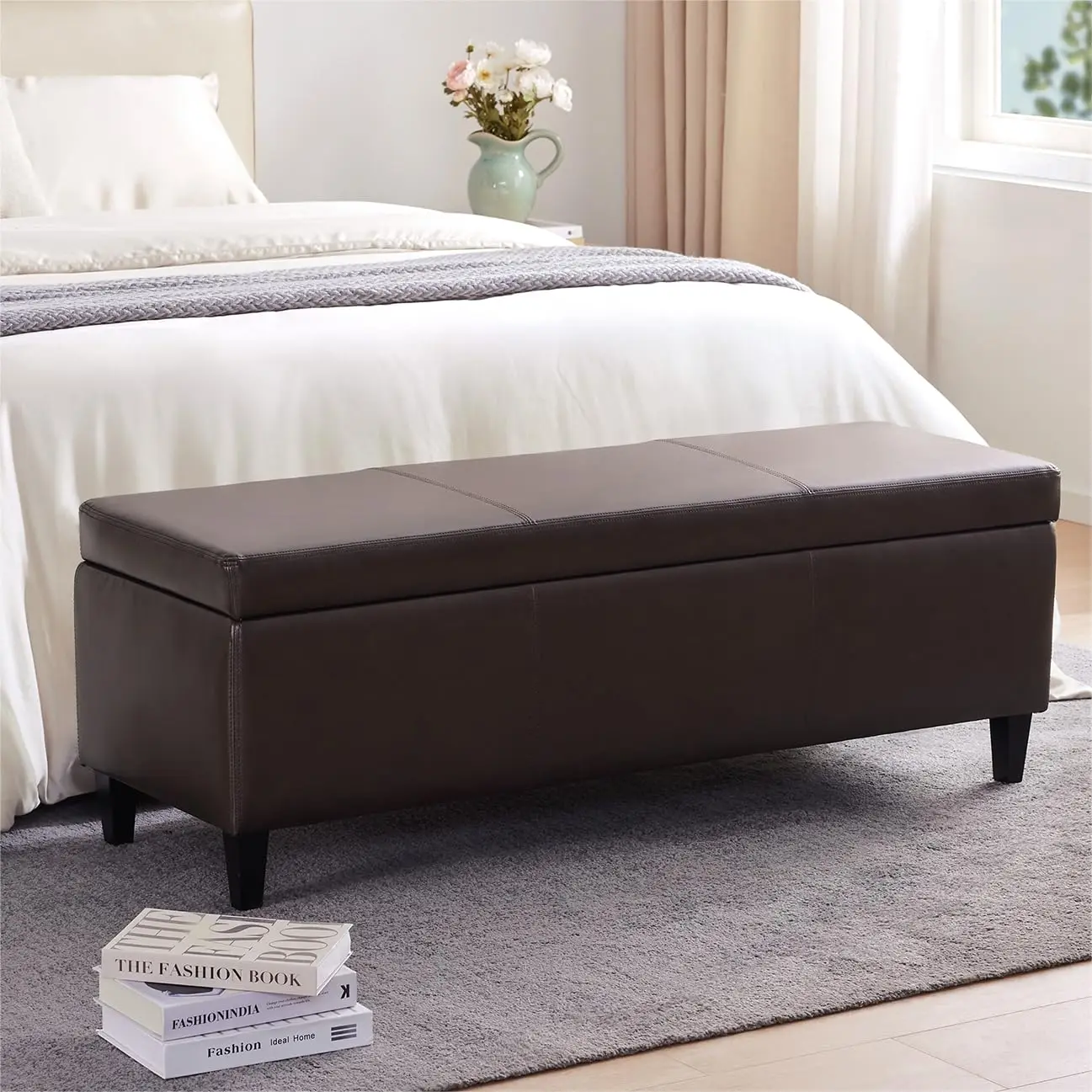 Faux Leather Storage Ottoman Bench 50.3 Inch Upholstered Bench with Storage for Living Room Entryway Bedroom 300lbs, Customized