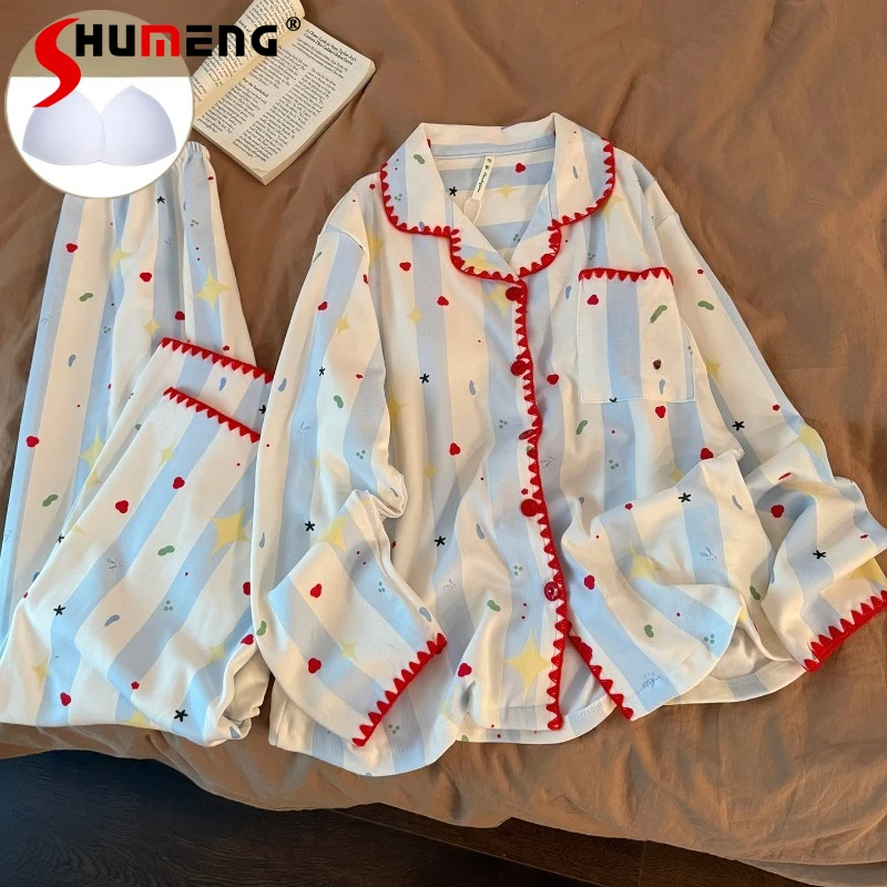 

Cute Striped Pajamas Set for Women Autumn Winter Chest Pads Warm Pure Cotton Loungewear Suit Female Japanese Loose Homewear Set