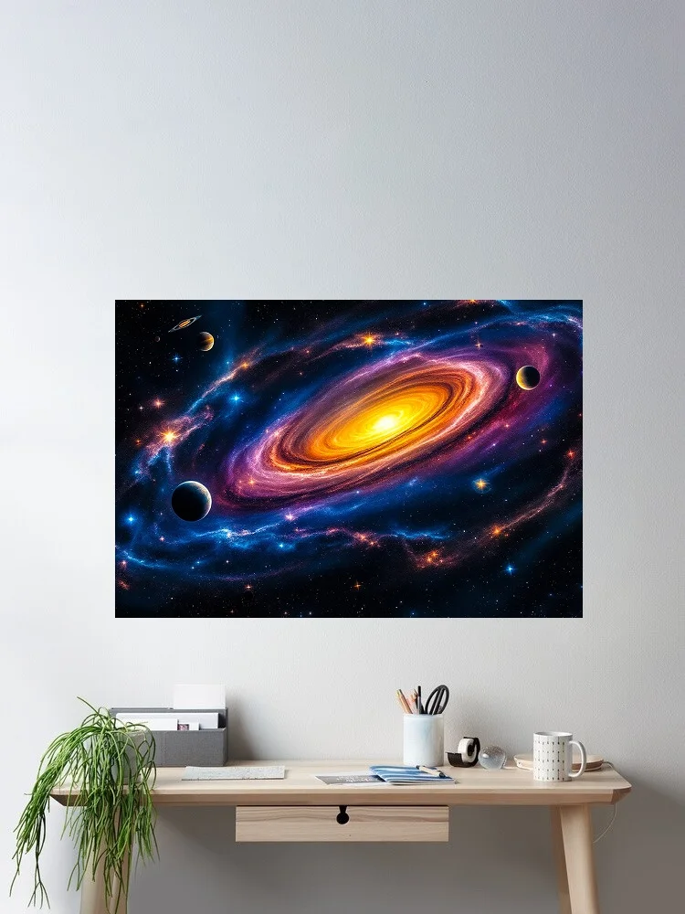 

A Spiral Galaxy Swirls in Space Adorned by Celestial Bodies , Art Print Canvas Poster, Living Room Decor, Home Wall Picture