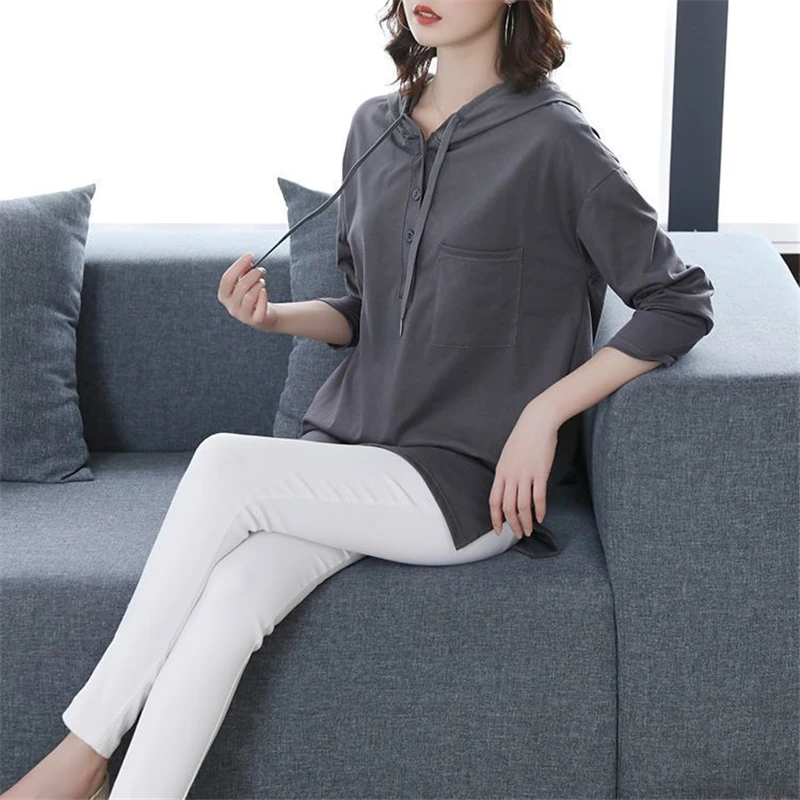 Moletons de manga comprida feminina com capuz, pulôver feminino casual solto, com capuz elegante monocromático, moda coreana, outono, inverno