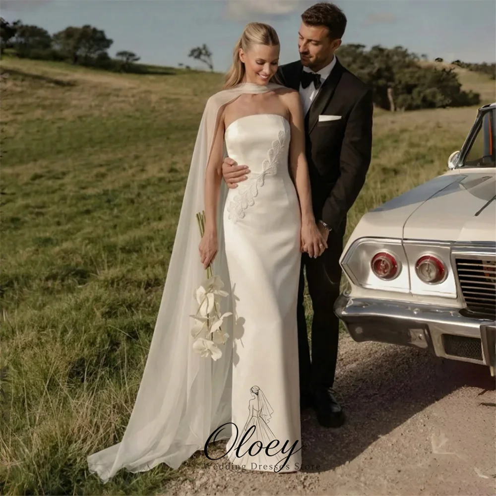 OLOEY Classic Strapless Satin Wedding Dresses For Woman Applique Beaded Detachable shawl Straight Bridal Gown Customized 2026