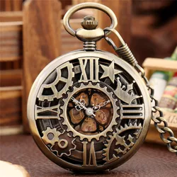 Bronze Unisex Skeleton Handwind Mechanical Pocket Watch Roman Number FOB Chain Half Hunter Case Vintage Timepiece