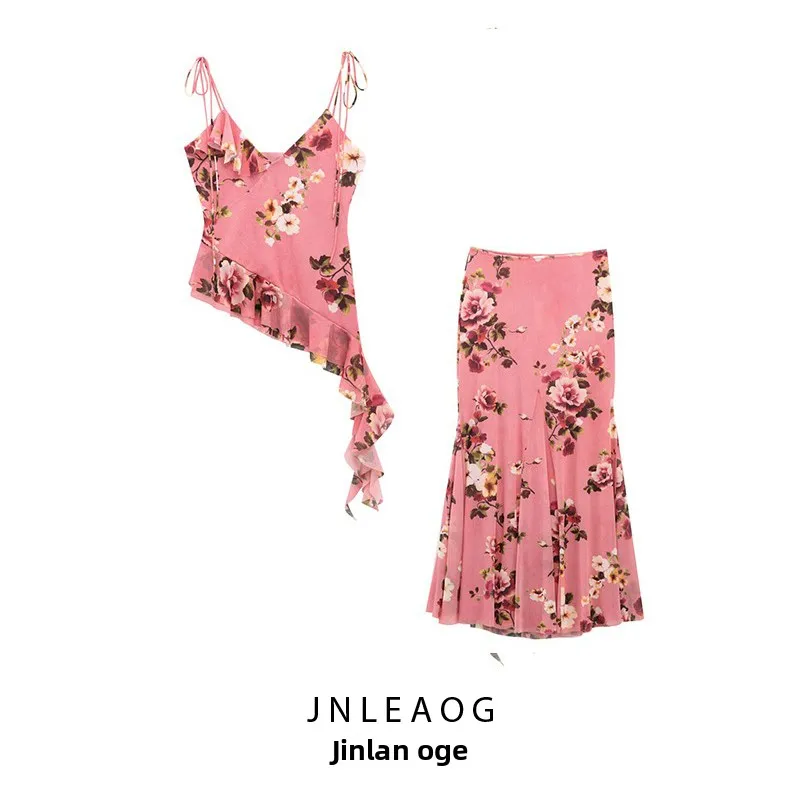 

Женский комплект JNLEAOG: укороченный топ с цветочным принтом из шелка и длинная юбка, европейский стиль, облегающий крой, V-образный вырез, из полиэфирного волокна