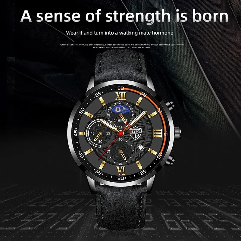 2PCS Set Fashion Mens Sports Watches Man Business Leather Bracelet Quartz Watch Luxury Men Casual Luminous Clock Reloj Hombre