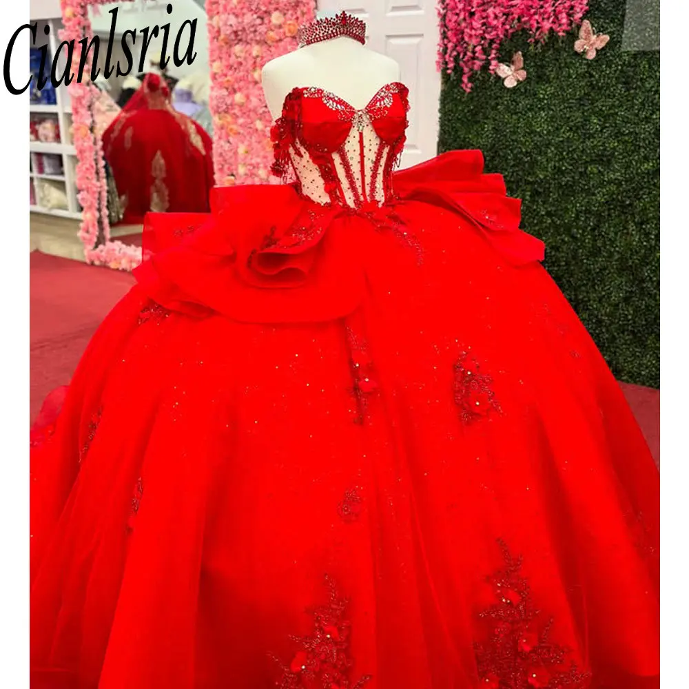 

Red Illusion Off The Shoulder Quinceanera Dresses Ball Gown Beading Appliques Lace Ruffles Sweet 15 Años Mexican Customized