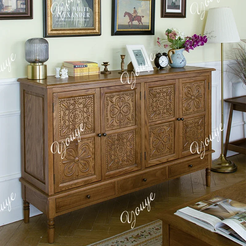 

O Solid Wood Carved Entryway, Vintage Pastoral Sideboard, Oak Living Room, Bedroom Storage, American Country