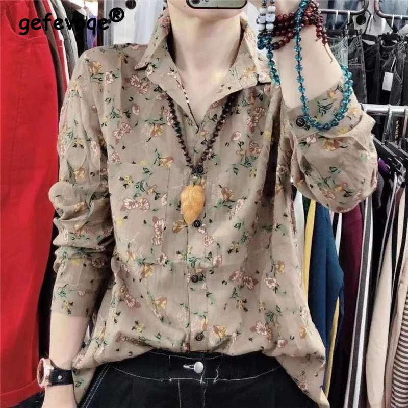 Women\'s Vintage Floral Print Cotton Linen Button Up Shirt Korean Style Casual Loose Long Sleeve Blouse Top Female Blusas Clothes